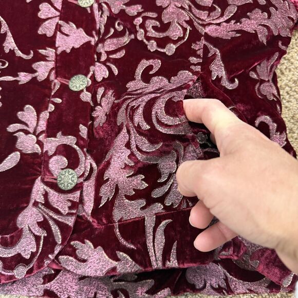 Chico's 2 Burgundy Velour Shimmer Filigree Button Blazer Pockets Lined Christmas - Picture 10 of 10